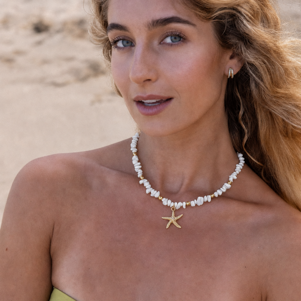 White shell bead necklace with gold starfish pendant – byjoler