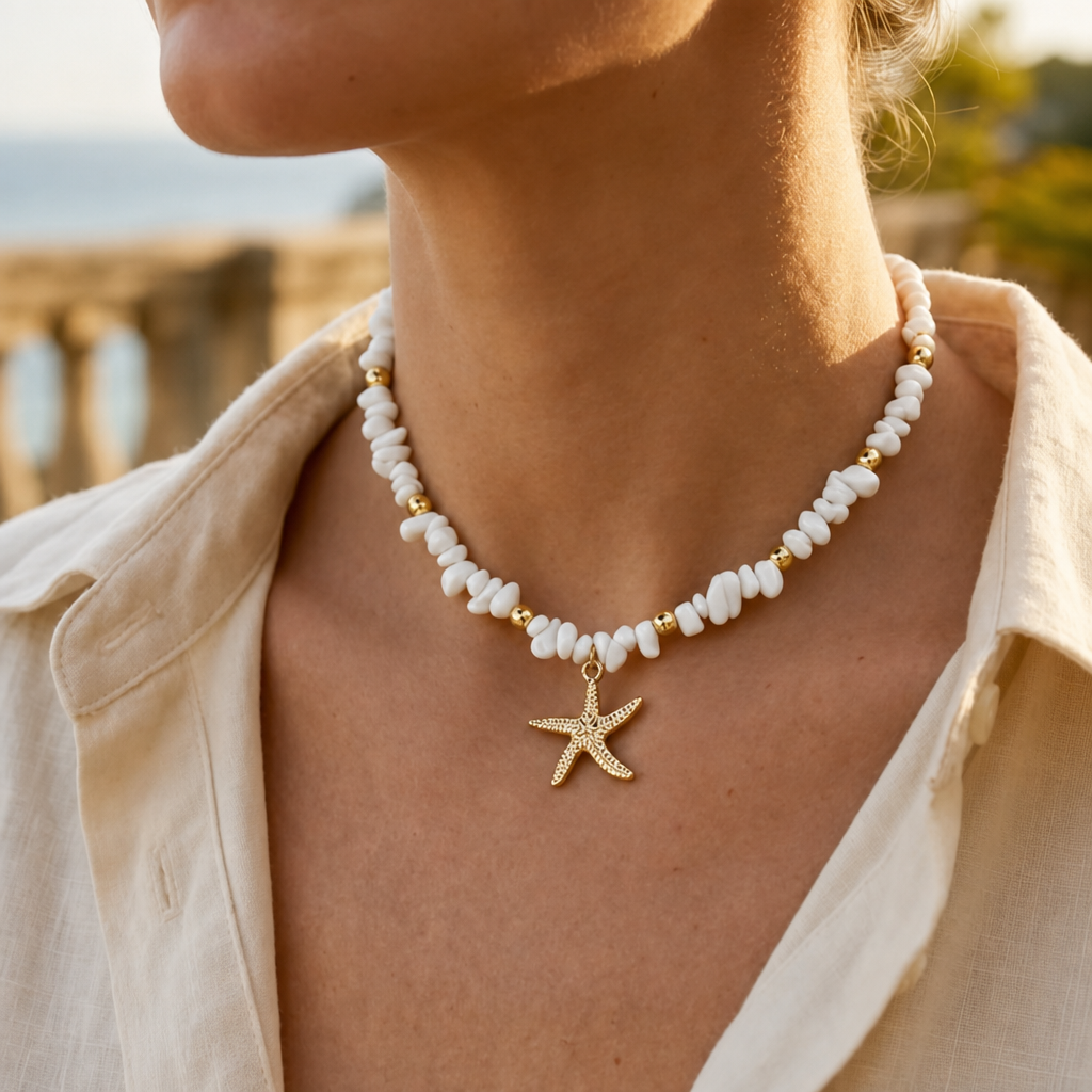 White shell bead necklace with gold starfish pendant – byjoler