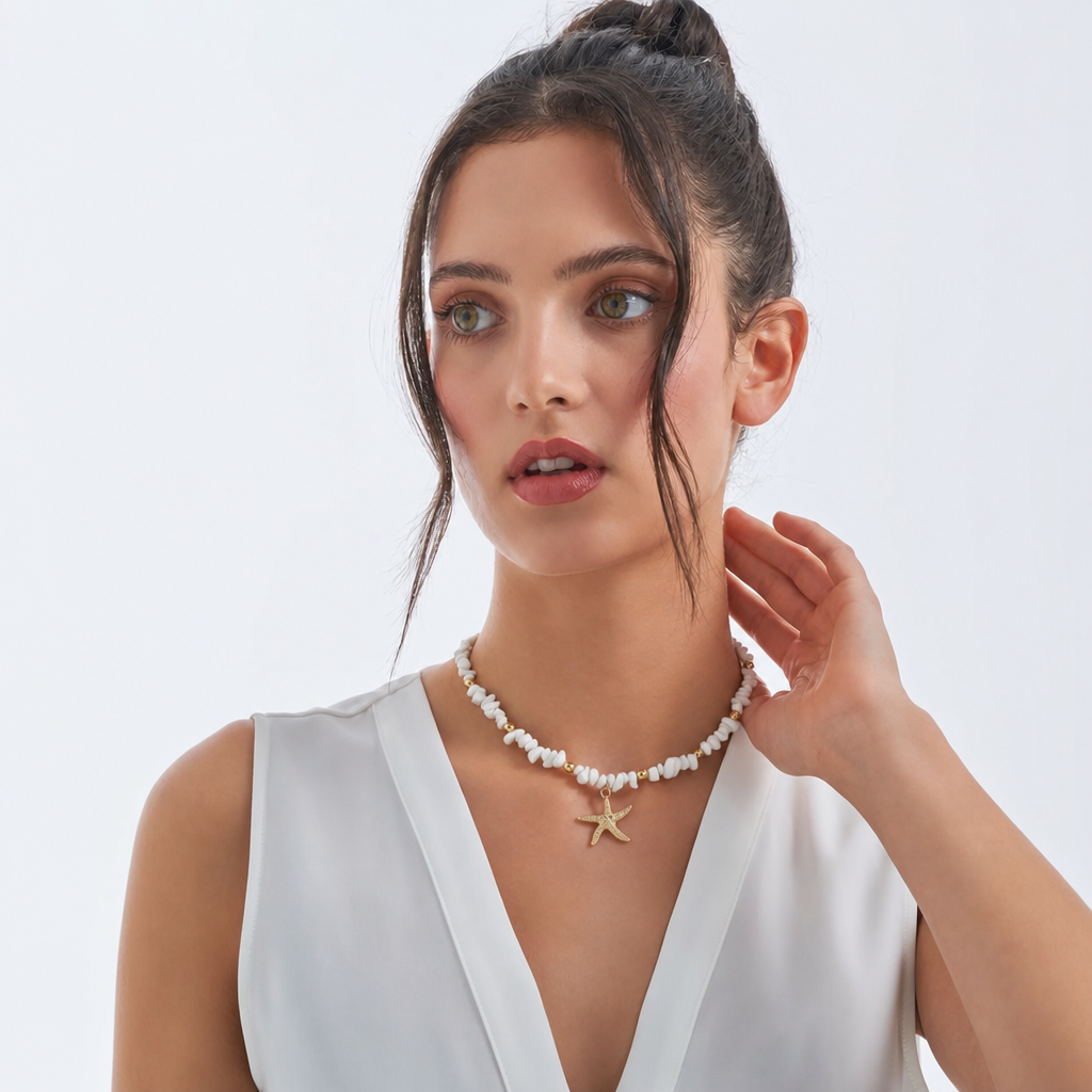 White shell bead necklace with gold starfish pendant – byjoler