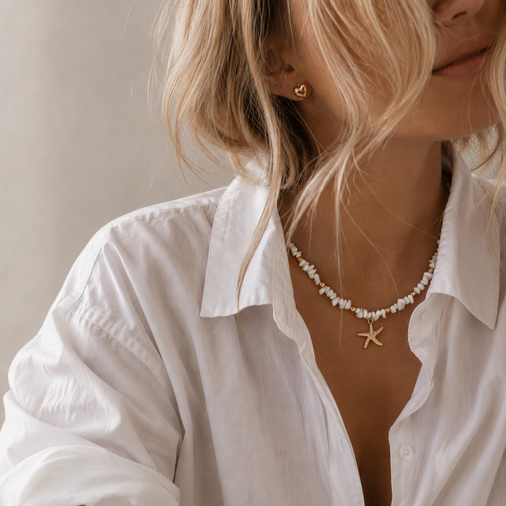 White shell bead necklace with gold starfish pendant – byjoler