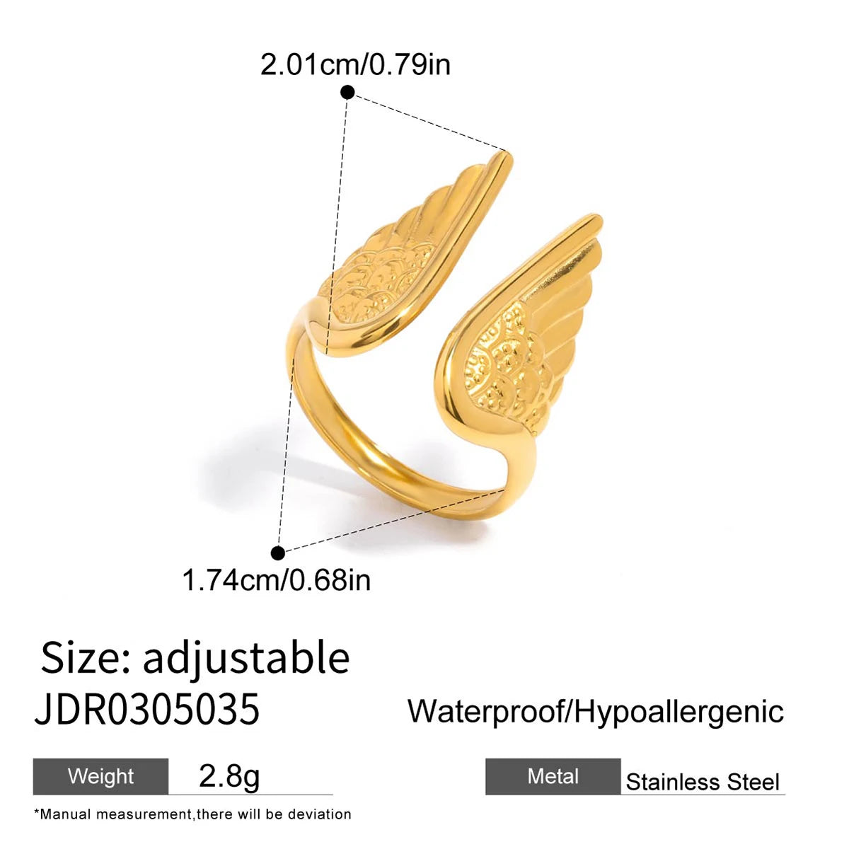 Uworld Design 18K Gold Color Plated Stainless Steel Angel Wing Ring Stackable Feather Ring Women's Jewelry Party Gift