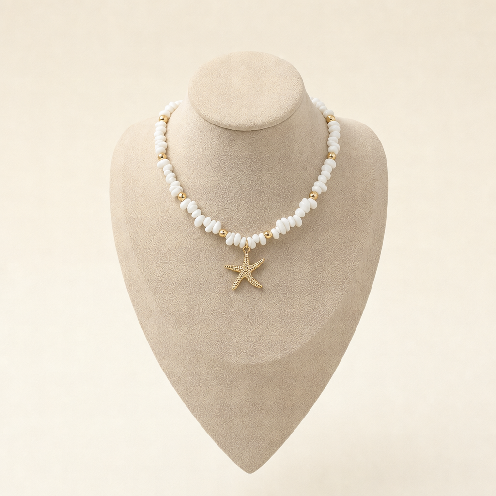 White shell bead necklace with gold starfish pendant – byjoler