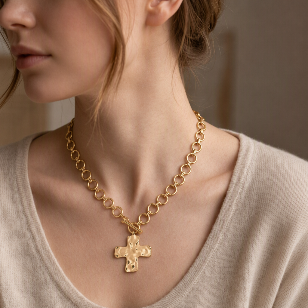 Chunky gold chain necklace with hammered cross pendant – byjoler